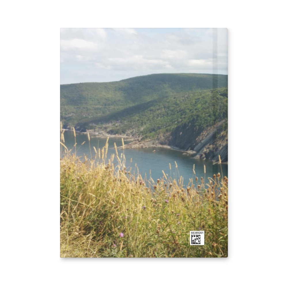 Back cover of hardcover journal featuring a Nova Scotia coastal cove photograph