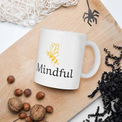 Bee Mindful Ceramic Mug, White Glossy 11 oz