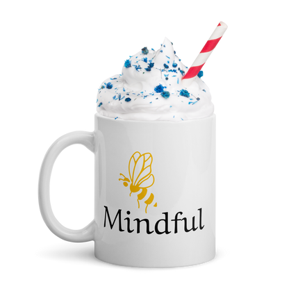 Bee Mindful Ceramic Mug, White Glossy 11 oz