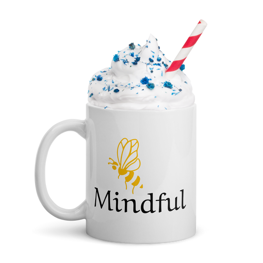 Bee Mindful Ceramic Mug, White Glossy 11 oz
