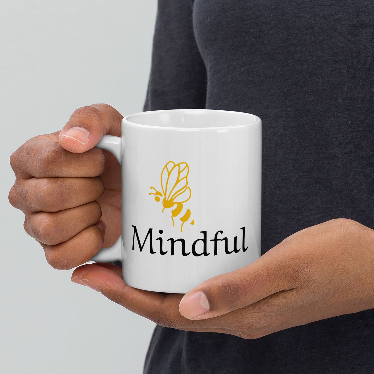 Bee Mindful Ceramic Mug, White Glossy 11 oz