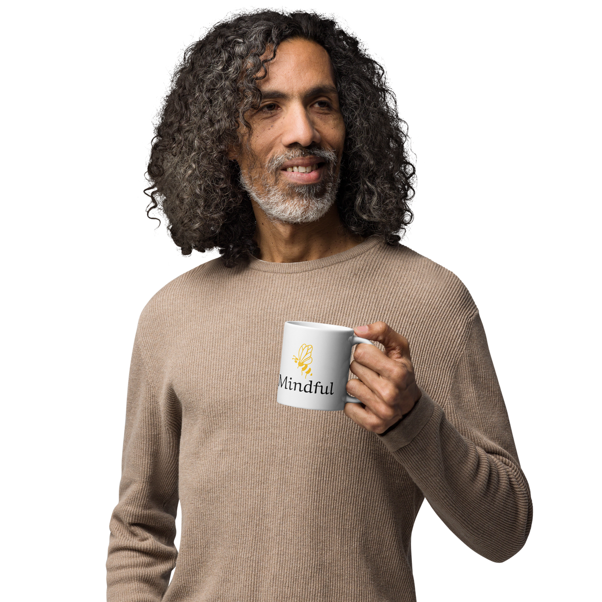 Bee Mindful Ceramic Mug, White Glossy 11 oz